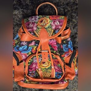 Colorful Floral Embroidered Backpack with Leather Trim